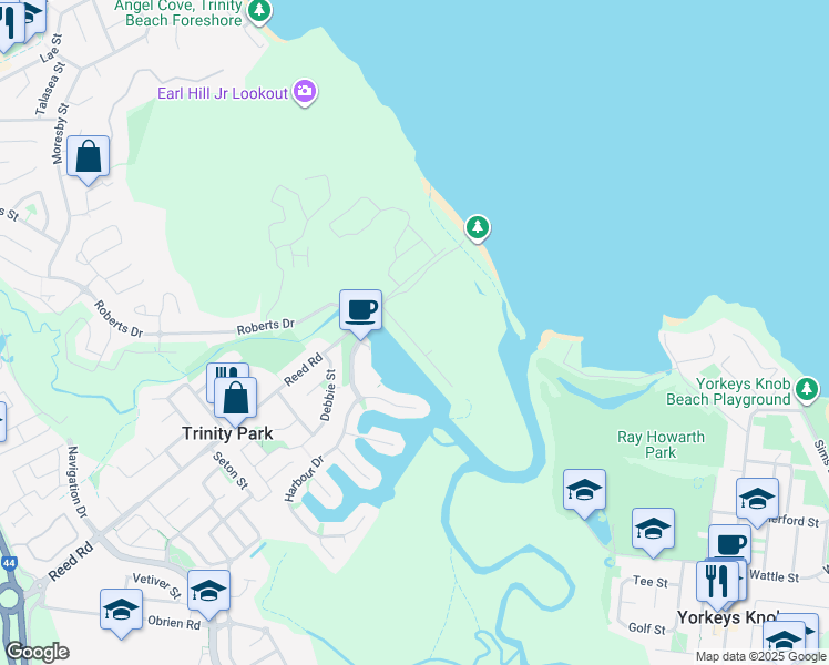 map of restaurants, bars, coffee shops, grocery stores, and more near 28 Riverside Parade in Trinity Park