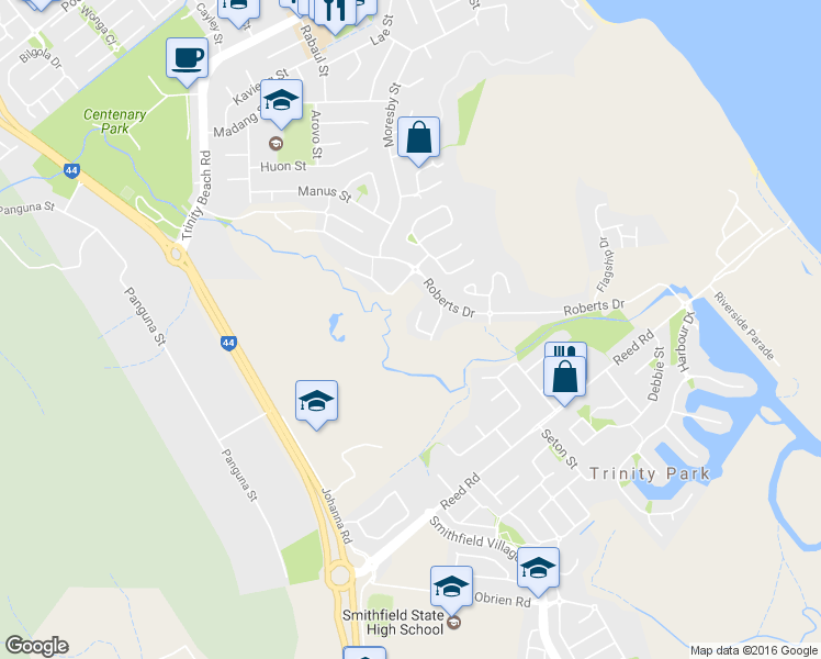 map of restaurants, bars, coffee shops, grocery stores, and more near LOT 571 Seaways Street in Trinity Beach
