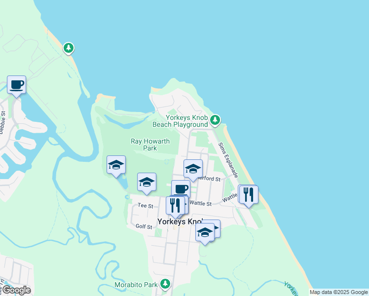 map of restaurants, bars, coffee shops, grocery stores, and more near 527 Varley Street in Yorkeys Knob