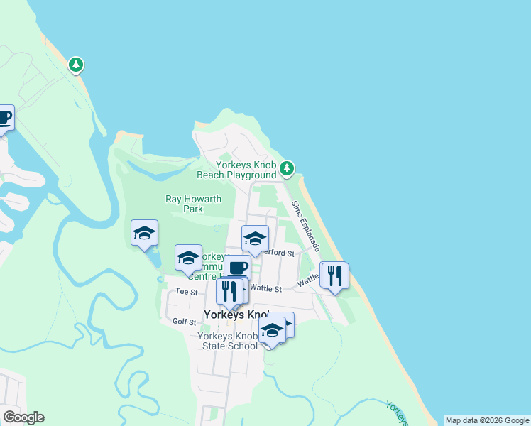 map of restaurants, bars, coffee shops, grocery stores, and more near 18 Adair Street in Yorkeys Knob