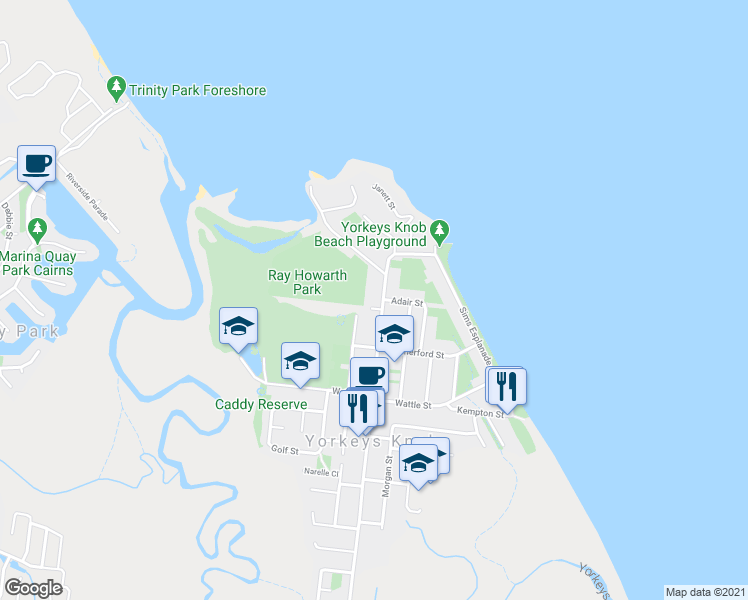 map of restaurants, bars, coffee shops, grocery stores, and more near 521 Varley Street in Yorkeys Knob