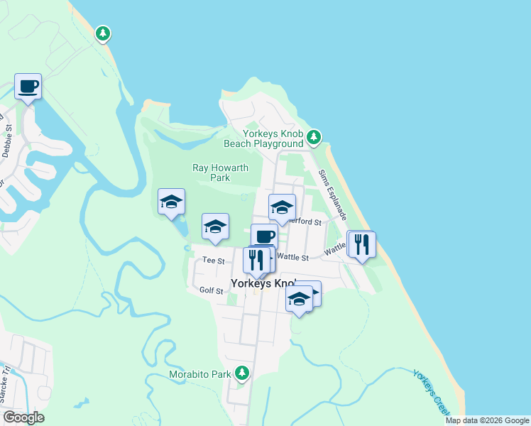 map of restaurants, bars, coffee shops, grocery stores, and more near 505 Varley Street in Yorkeys Knob