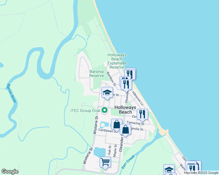 map of restaurants, bars, coffee shops, grocery stores, and more near 30 Mimosa Street in Holloways Beach