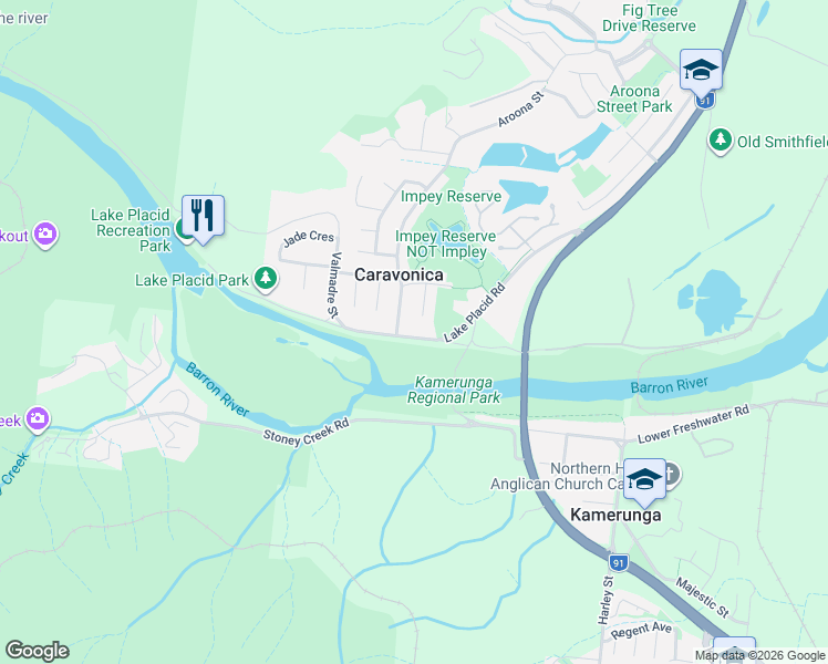 map of restaurants, bars, coffee shops, grocery stores, and more near 30 Lake Placid Road in Caravonica