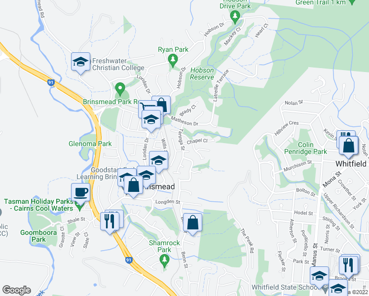 map of restaurants, bars, coffee shops, grocery stores, and more near 32 Taringa Street in Brinsmead