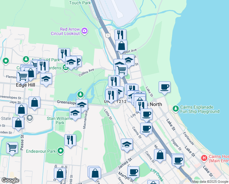 map of restaurants, bars, coffee shops, grocery stores, and more near 367 McLeod Street in Cairns North