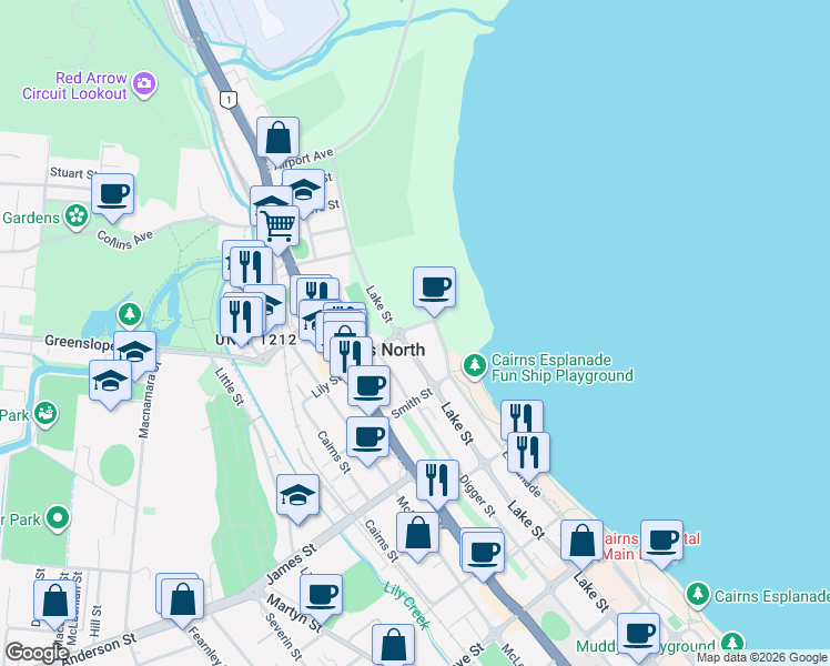map of restaurants, bars, coffee shops, grocery stores, and more near 5 Lily Street in Cairns North