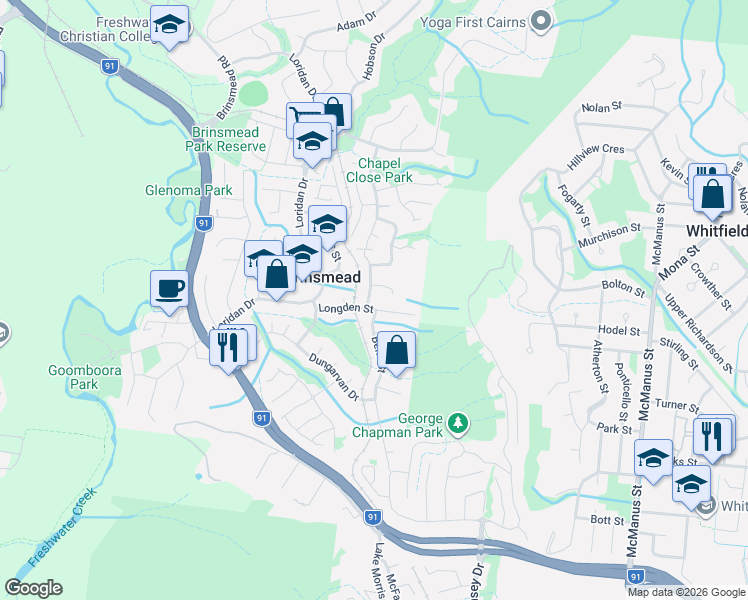 map of restaurants, bars, coffee shops, grocery stores, and more near 4 Butland Street in Brinsmead