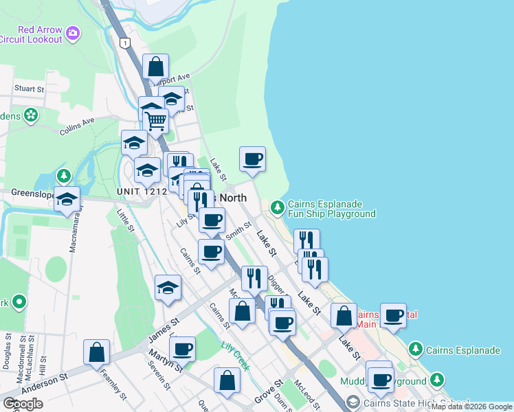 map of restaurants, bars, coffee shops, grocery stores, and more near 281 Esplanade in Cairns North