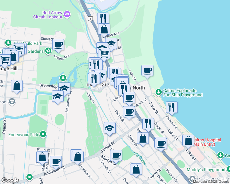 map of restaurants, bars, coffee shops, grocery stores, and more near 356 McLeod Street in Cairns North