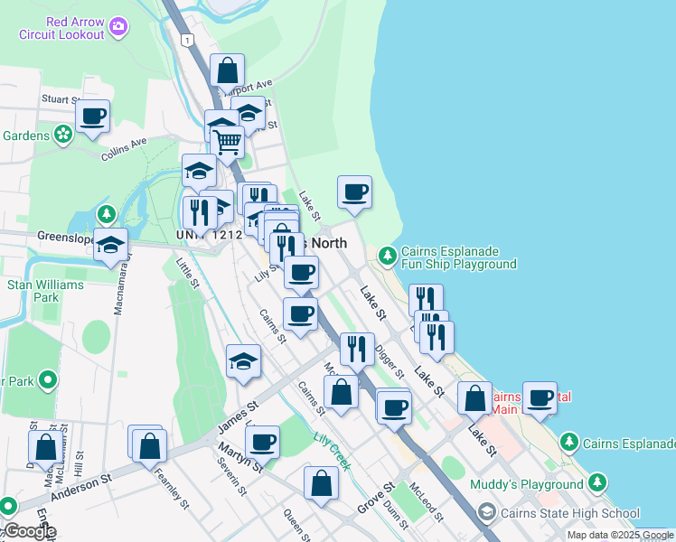 map of restaurants, bars, coffee shops, grocery stores, and more near 331-337 Lake Street in Cairns North