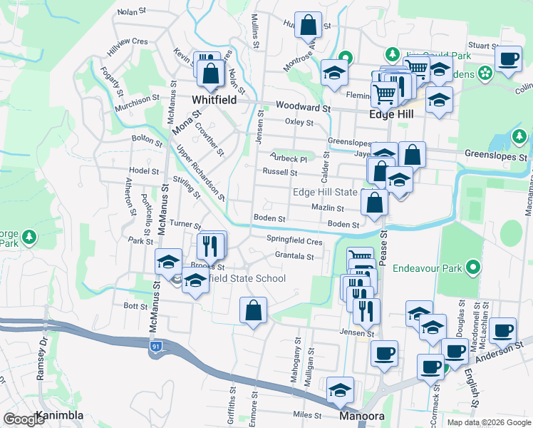 map of restaurants, bars, coffee shops, grocery stores, and more near 72 Boden Street in Edge Hill