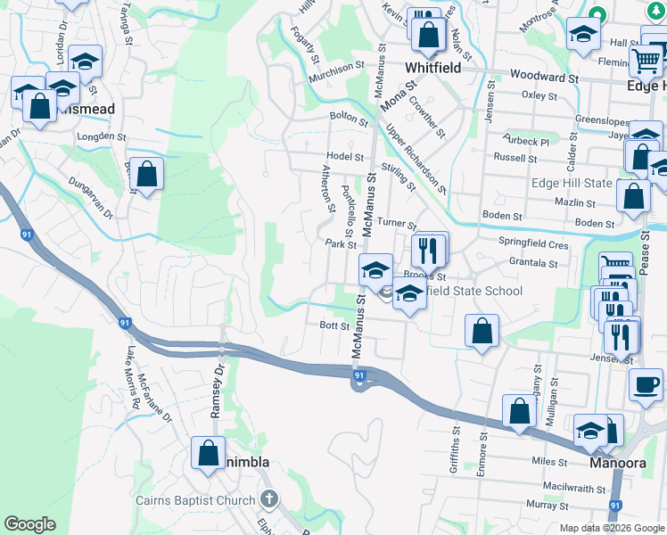 map of restaurants, bars, coffee shops, grocery stores, and more near 16 Mckinlay Street in Whitfield