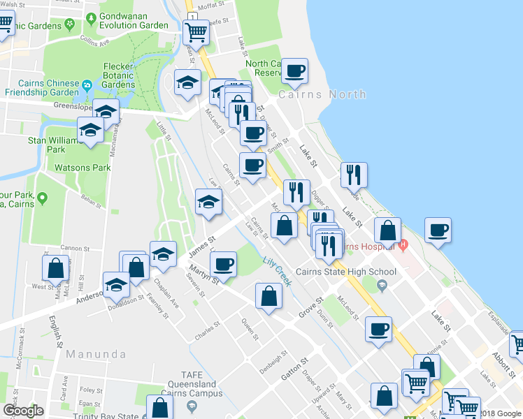 map of restaurants, bars, coffee shops, grocery stores, and more near 3 James Street in Cairns North