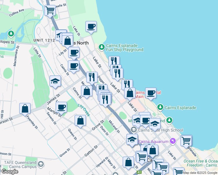 map of restaurants, bars, coffee shops, grocery stores, and more near 28 Digger Street in Cairns North