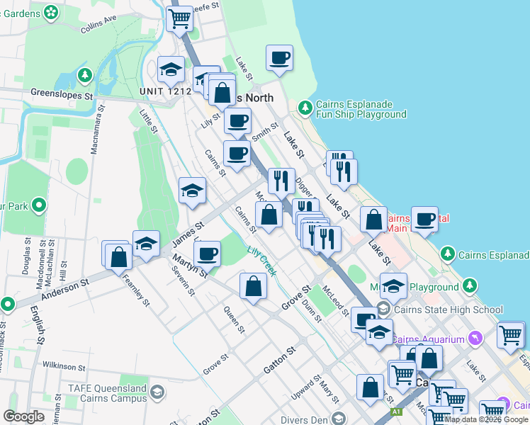 map of restaurants, bars, coffee shops, grocery stores, and more near 215 McLeod Street in Cairns North