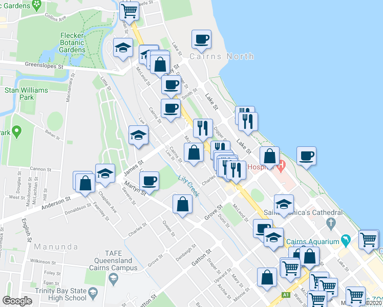 map of restaurants, bars, coffee shops, grocery stores, and more near 213 McLeod Street in Cairns North
