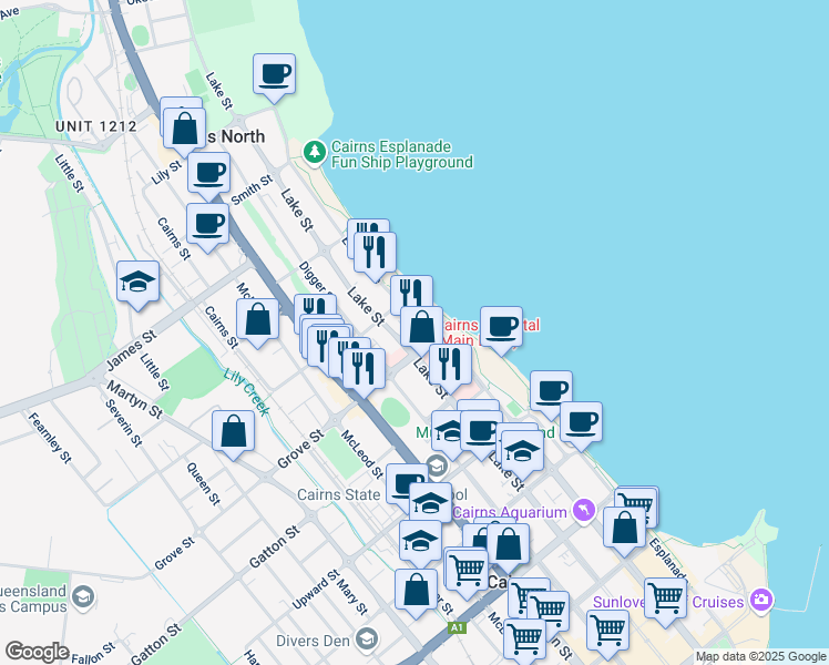 map of restaurants, bars, coffee shops, grocery stores, and more near 181 Esplanade in Cairns North