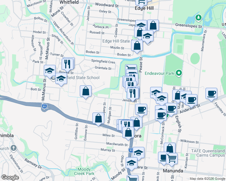 map of restaurants, bars, coffee shops, grocery stores, and more near 5 Maytown Close in Manoora