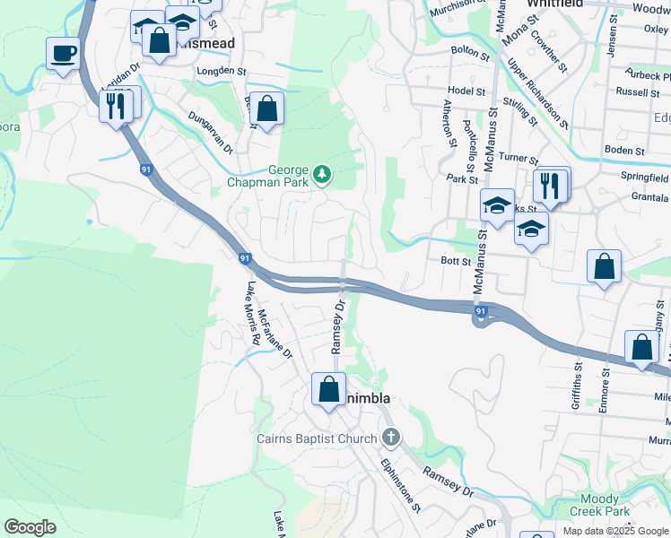 map of restaurants, bars, coffee shops, grocery stores, and more near 3 West Parkridge Drive in Brinsmead