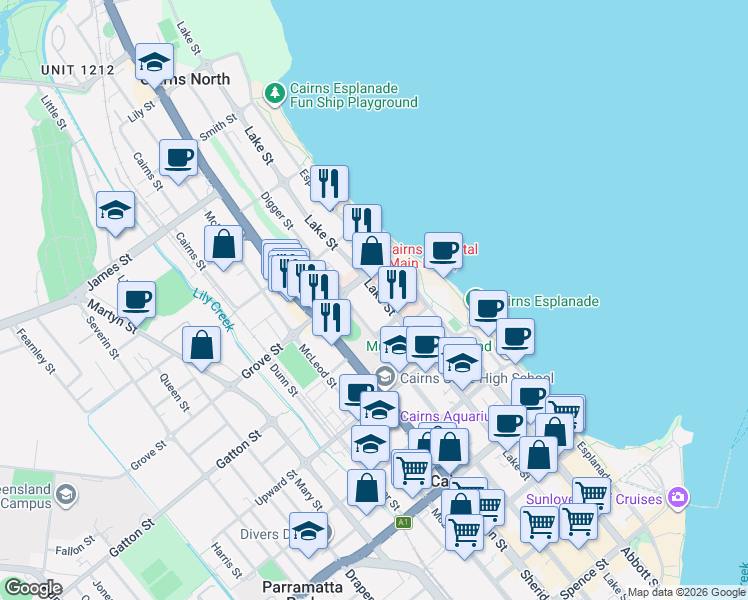 map of restaurants, bars, coffee shops, grocery stores, and more near 239 Lake Street in Cairns North