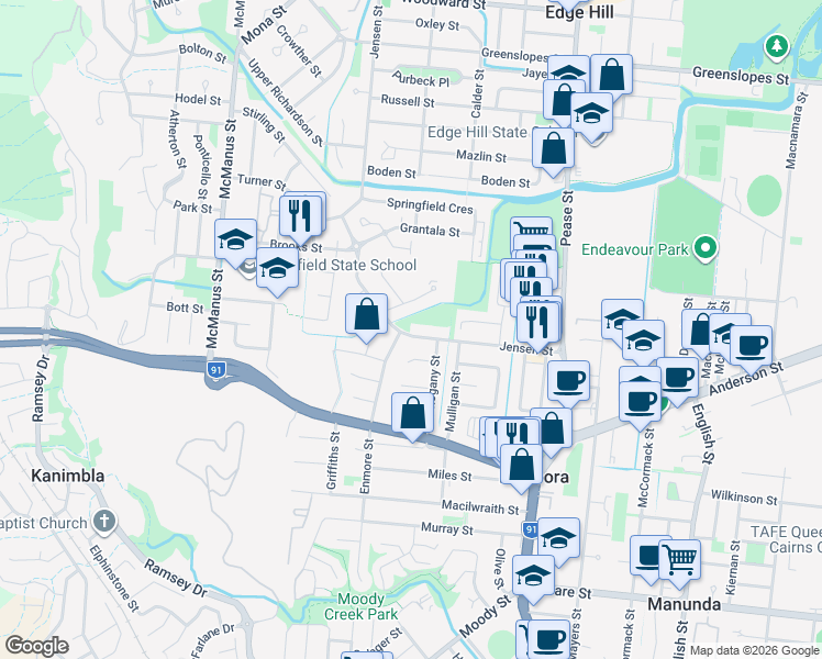 map of restaurants, bars, coffee shops, grocery stores, and more near 42 Jensen Street in Manoora