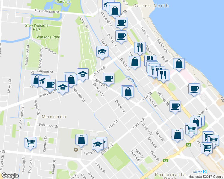 map of restaurants, bars, coffee shops, grocery stores, and more near 17 Martyn Street in Manunda