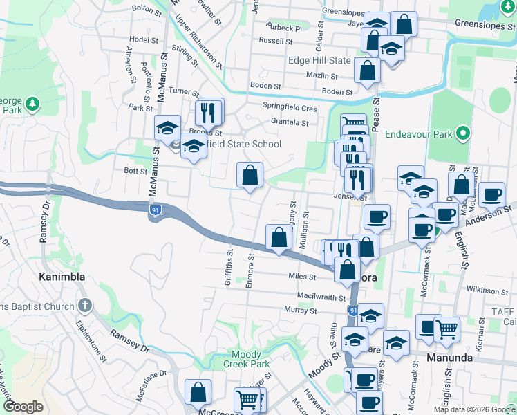 map of restaurants, bars, coffee shops, grocery stores, and more near 1 Kauri Street in Manoora