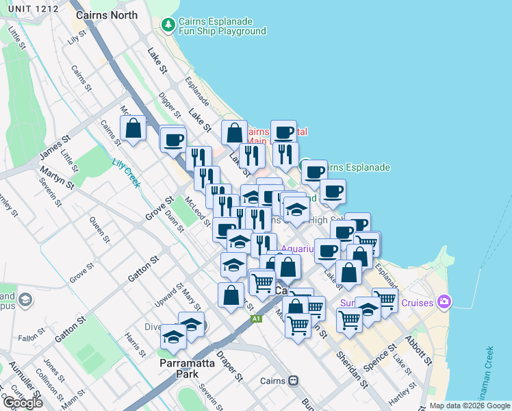 map of restaurants, bars, coffee shops, grocery stores, and more near 210 Grafton Street in Cairns North