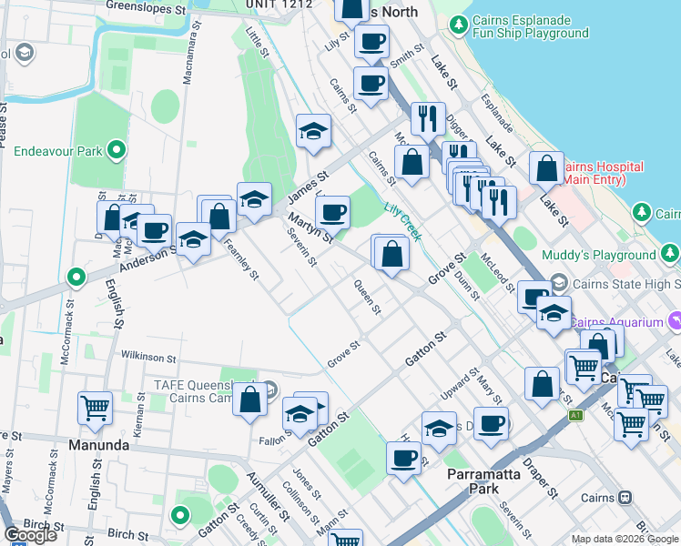 map of restaurants, bars, coffee shops, grocery stores, and more near 64 Charles Street in Manunda
