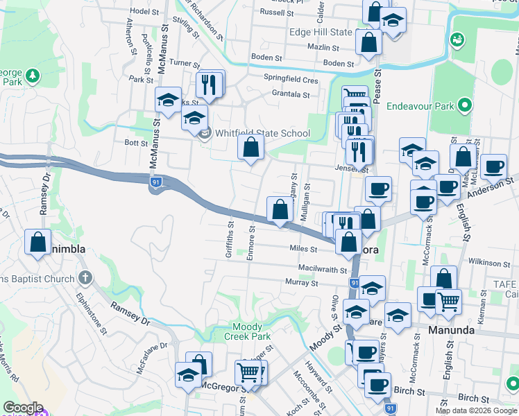 map of restaurants, bars, coffee shops, grocery stores, and more near 90 Enmore Street in Manoora