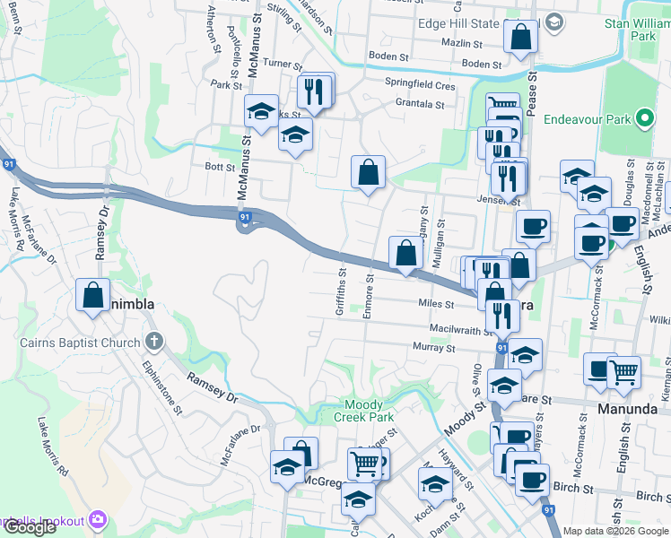 map of restaurants, bars, coffee shops, grocery stores, and more near 50 Perkins Street in Manoora