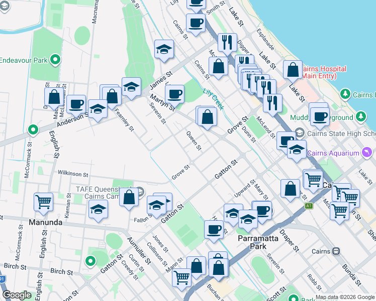 map of restaurants, bars, coffee shops, grocery stores, and more near 418 Severin Street in Parramatta Park