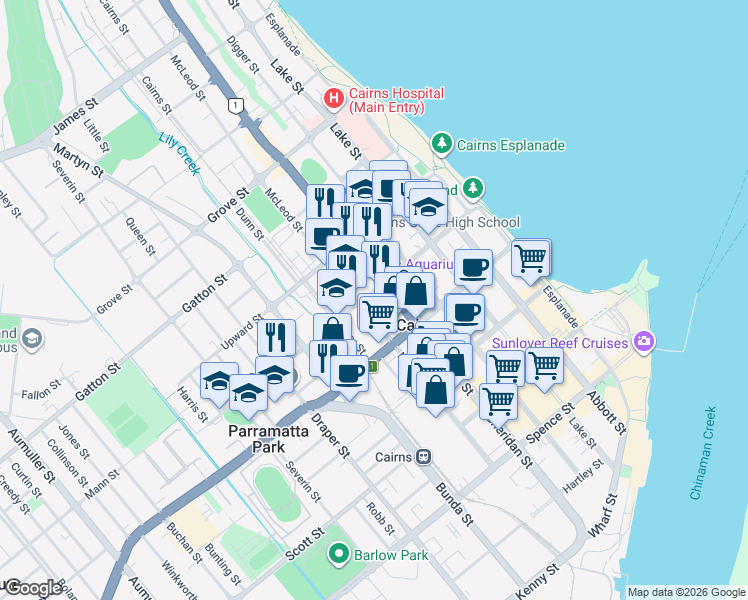 map of restaurants, bars, coffee shops, grocery stores, and more near 11 Minnie Street in Cairns