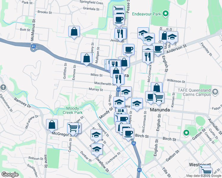 map of restaurants, bars, coffee shops, grocery stores, and more near 10 Murray Street in Manoora
