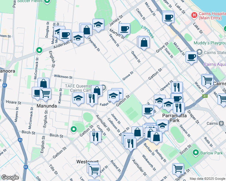map of restaurants, bars, coffee shops, grocery stores, and more near 26-62 Hoare Street in Manunda