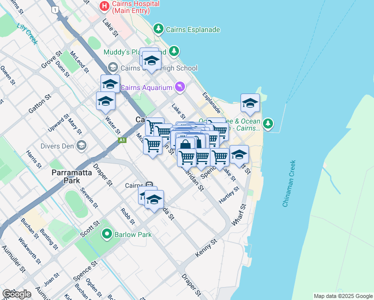 map of restaurants, bars, coffee shops, grocery stores, and more near 50 Shields Street in Cairns City