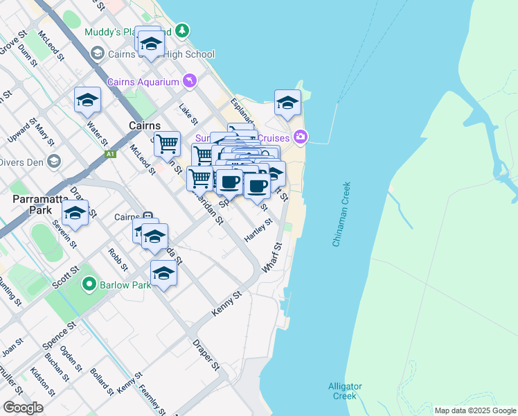 map of restaurants, bars, coffee shops, grocery stores, and more near 15 Lake Street in Cairns City