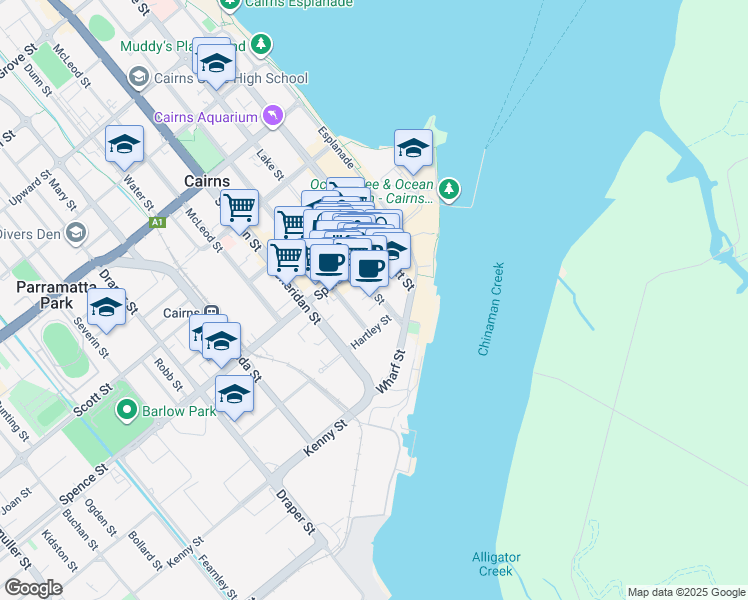 map of restaurants, bars, coffee shops, grocery stores, and more near 15 Lake Street in Cairns City