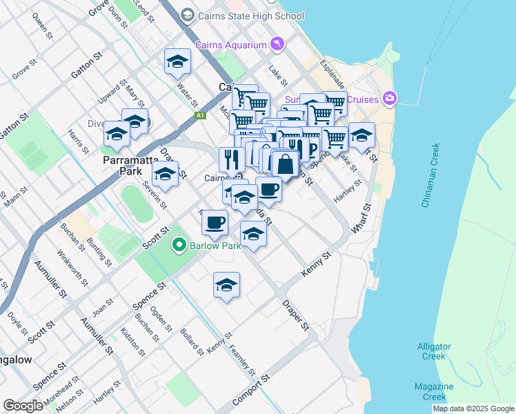 map of restaurants, bars, coffee shops, grocery stores, and more near 147 Bunda Street in Portsmith