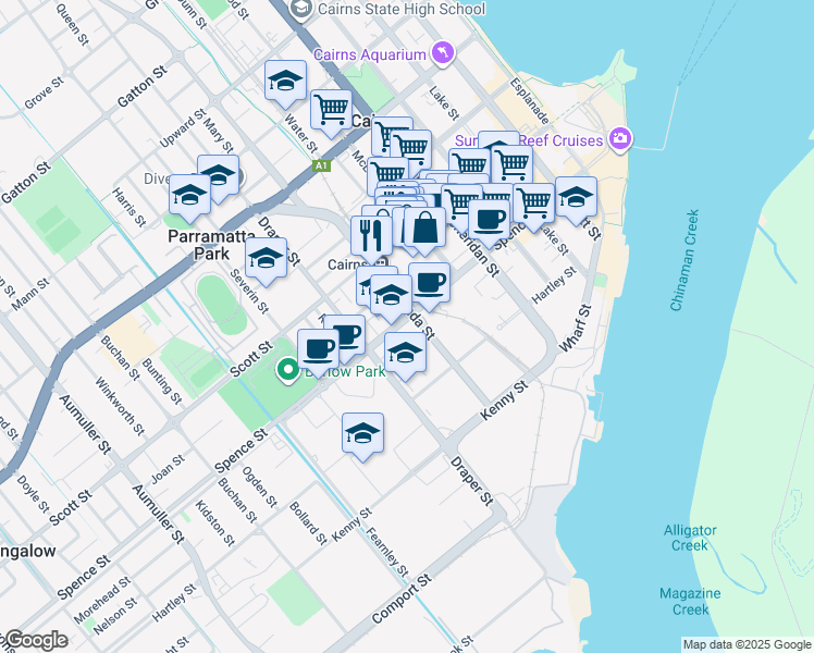 map of restaurants, bars, coffee shops, grocery stores, and more near 147 Bunda Street in Portsmith