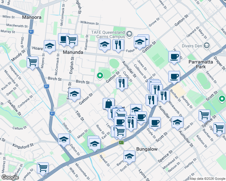 map of restaurants, bars, coffee shops, grocery stores, and more near 9 Veivers Close in Westcourt