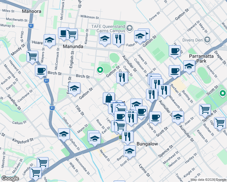 map of restaurants, bars, coffee shops, grocery stores, and more near 6 Hector Close in Westcourt