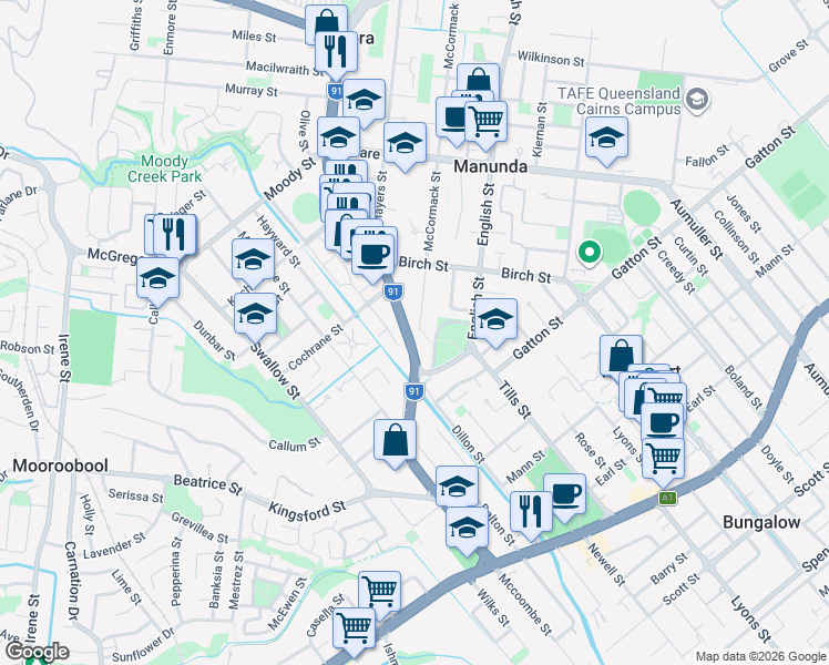 map of restaurants, bars, coffee shops, grocery stores, and more near 43 McCormack Street in Manunda