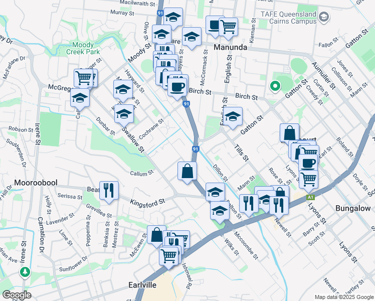 map of restaurants, bars, coffee shops, grocery stores, and more near 12 Ingham Court in Mooroobool