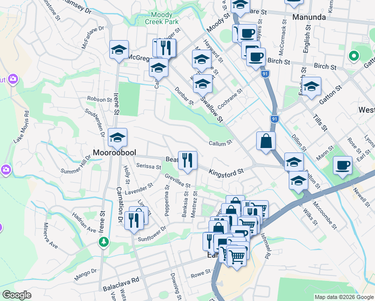 map of restaurants, bars, coffee shops, grocery stores, and more near 8 Dennis Close in Mooroobool