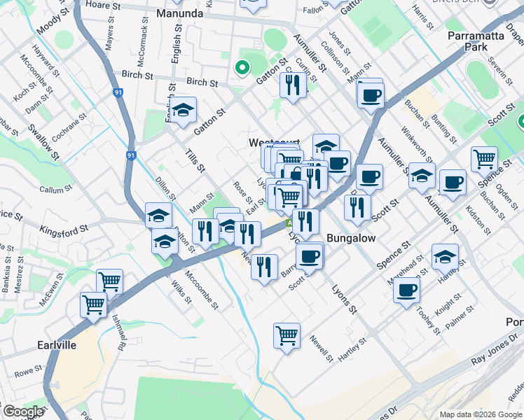 map of restaurants, bars, coffee shops, grocery stores, and more near 87-91 Earl Street in Westcourt