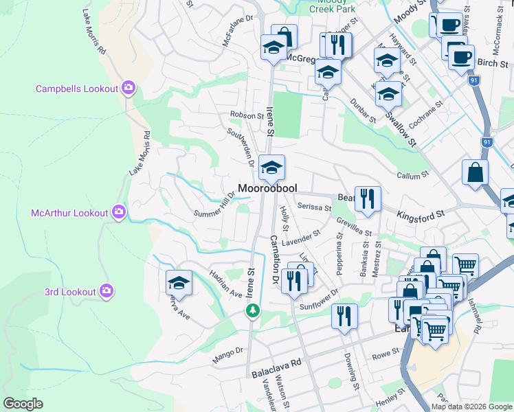map of restaurants, bars, coffee shops, grocery stores, and more near 111 Irene Street in Mooroobool