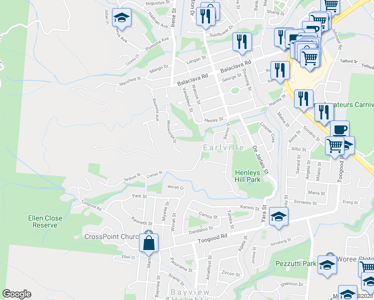 map of restaurants, bars, coffee shops, grocery stores, and more near 3 Leichhardt Place in Earlville