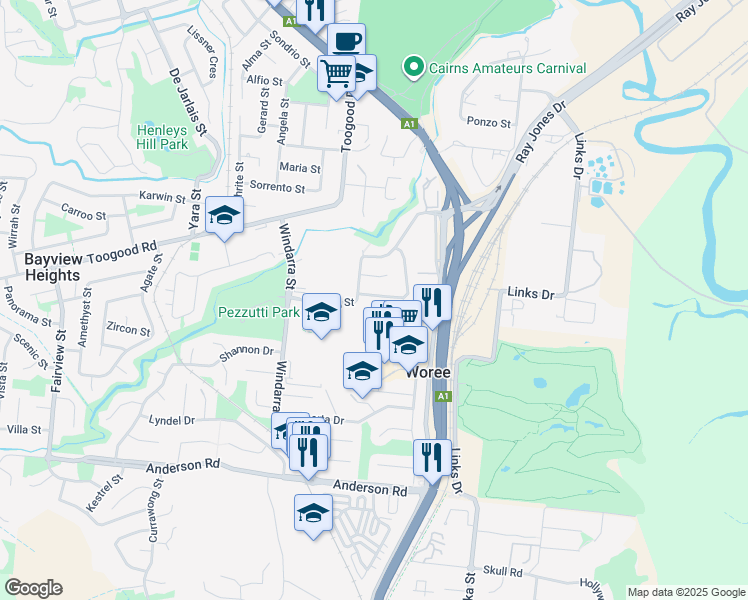 map of restaurants, bars, coffee shops, grocery stores, and more near 35 Mintaro Crescent in Woree
